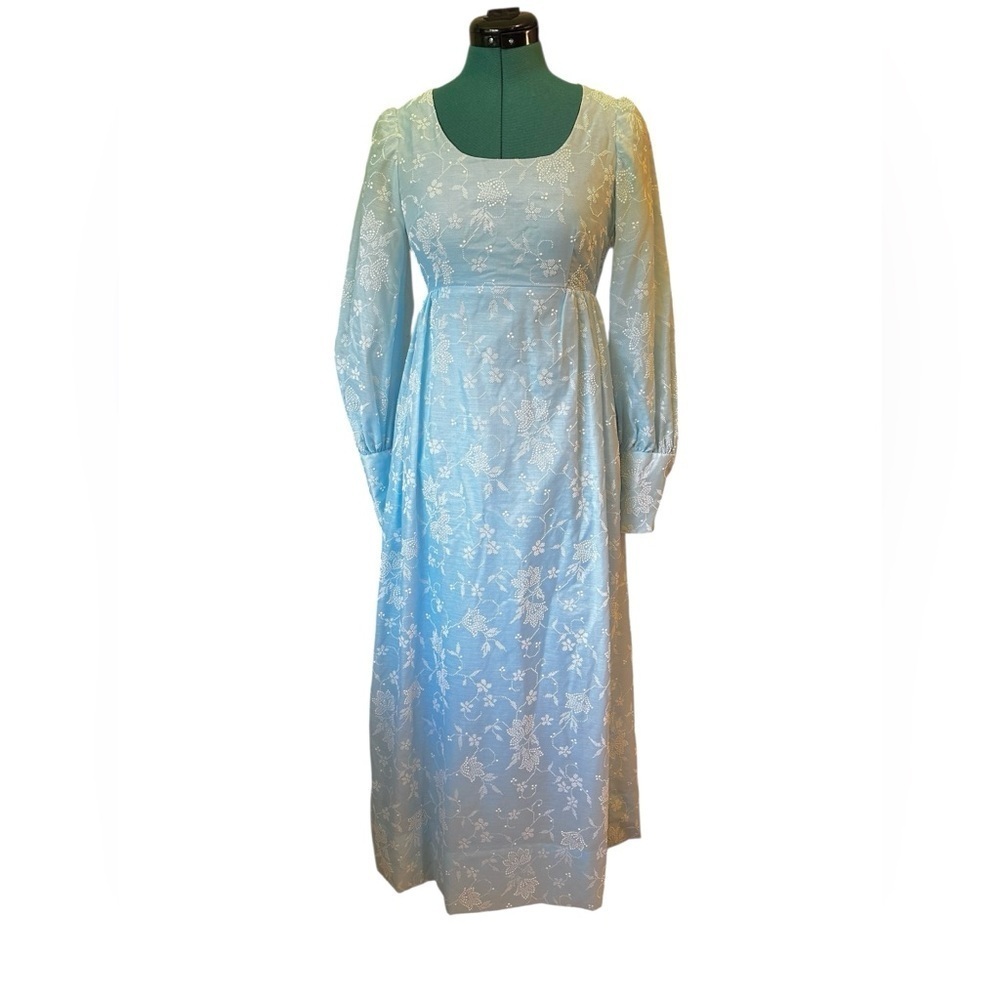 VTG 60s Handmade Blue/White Raised Design Women’s Lantern Sleeve Empire Waist XS - Picture 3 of 14